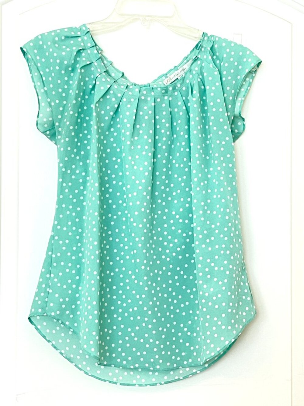 LC Lauren Conrad Blouse Small Pleat Neckline Back Tie Blue White Dot Small